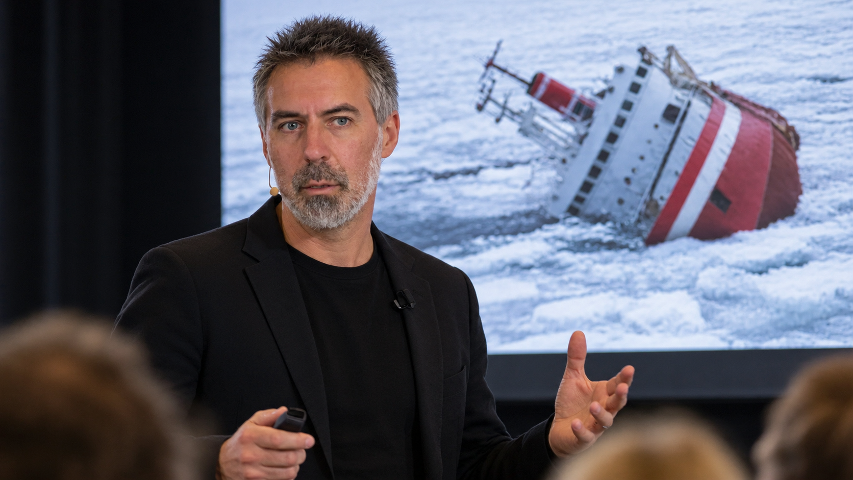 Illustrativ bild av Oscar Westman som föreläser med M/S Explorer på bildskärmen